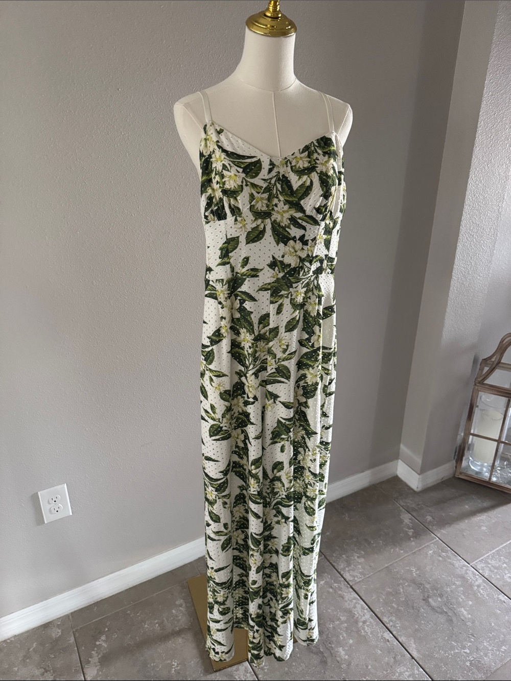 Betsey Johnson White Jumpsuit with Green Leaf Print.